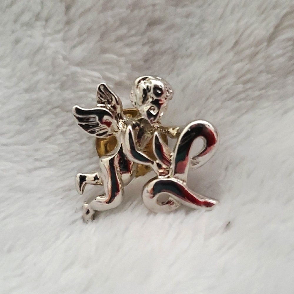 Silvertone Angel Cherub Brooch Pin Signed GC